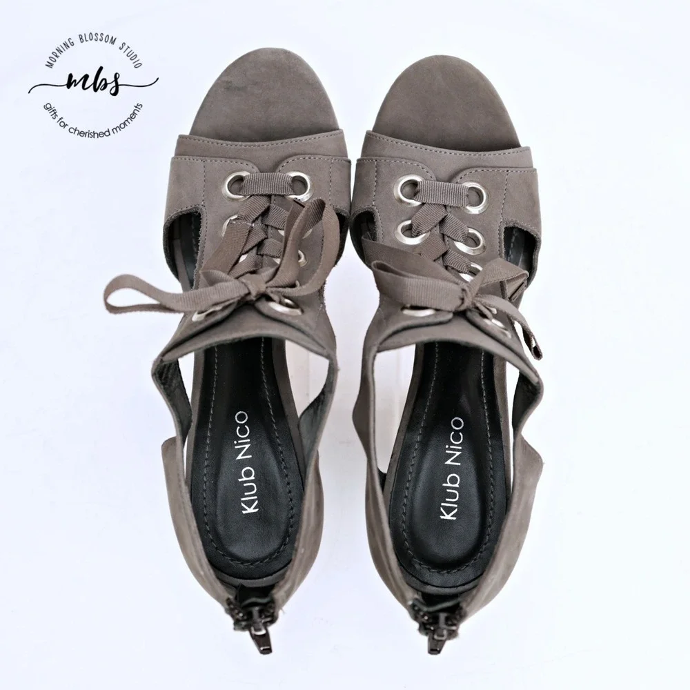 Klub Nico Tinka‎ Open Casual Chic Suede Block Lace-Up Heeled Sandals Grey 7